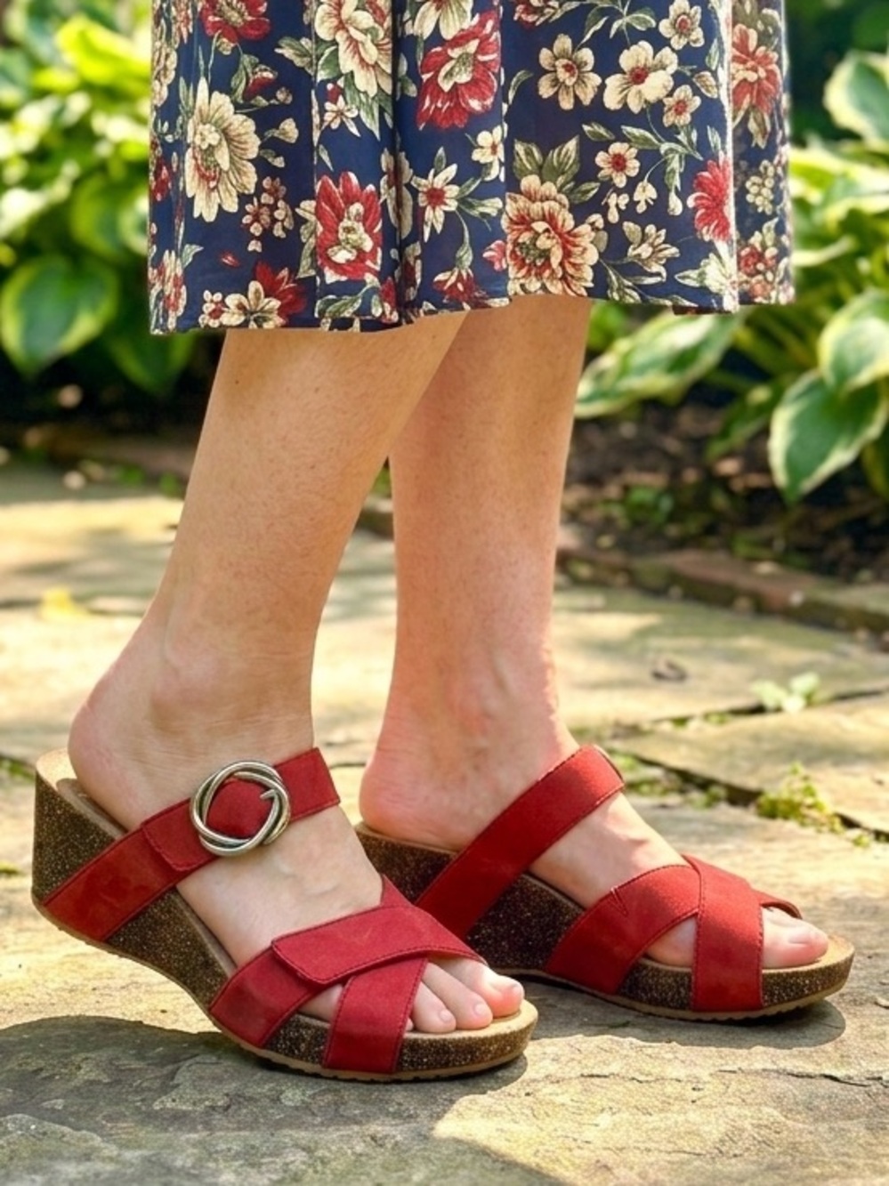 Dansko Red Leather Wedge Sandals Womens Sz 40 US 9.5-10 Cork Platform Slide